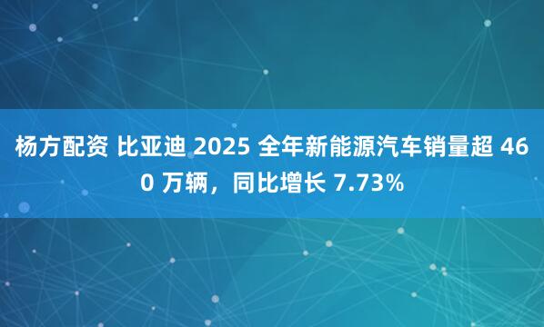 杨方配资 比亚迪 2025 全年新能源汽车销量超 460 万辆,同比增长 7.73%